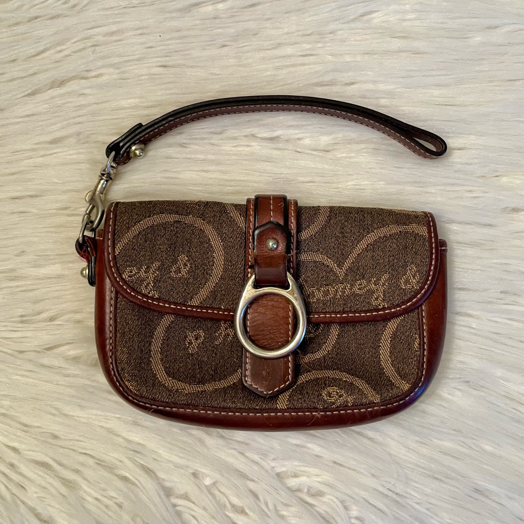 Dooney & Bourke Signature Logo Brown & Tan Hearts Wristlet